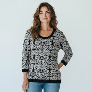 New York & Company Black White Silver Metallic Cotton Blend Sweater Size Small